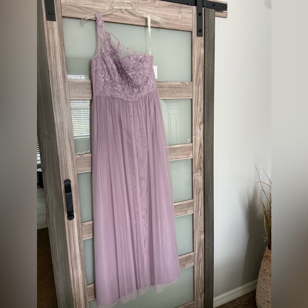 NEW David's Bridal one-shoulder embroidered soft net bridesmaid dress
